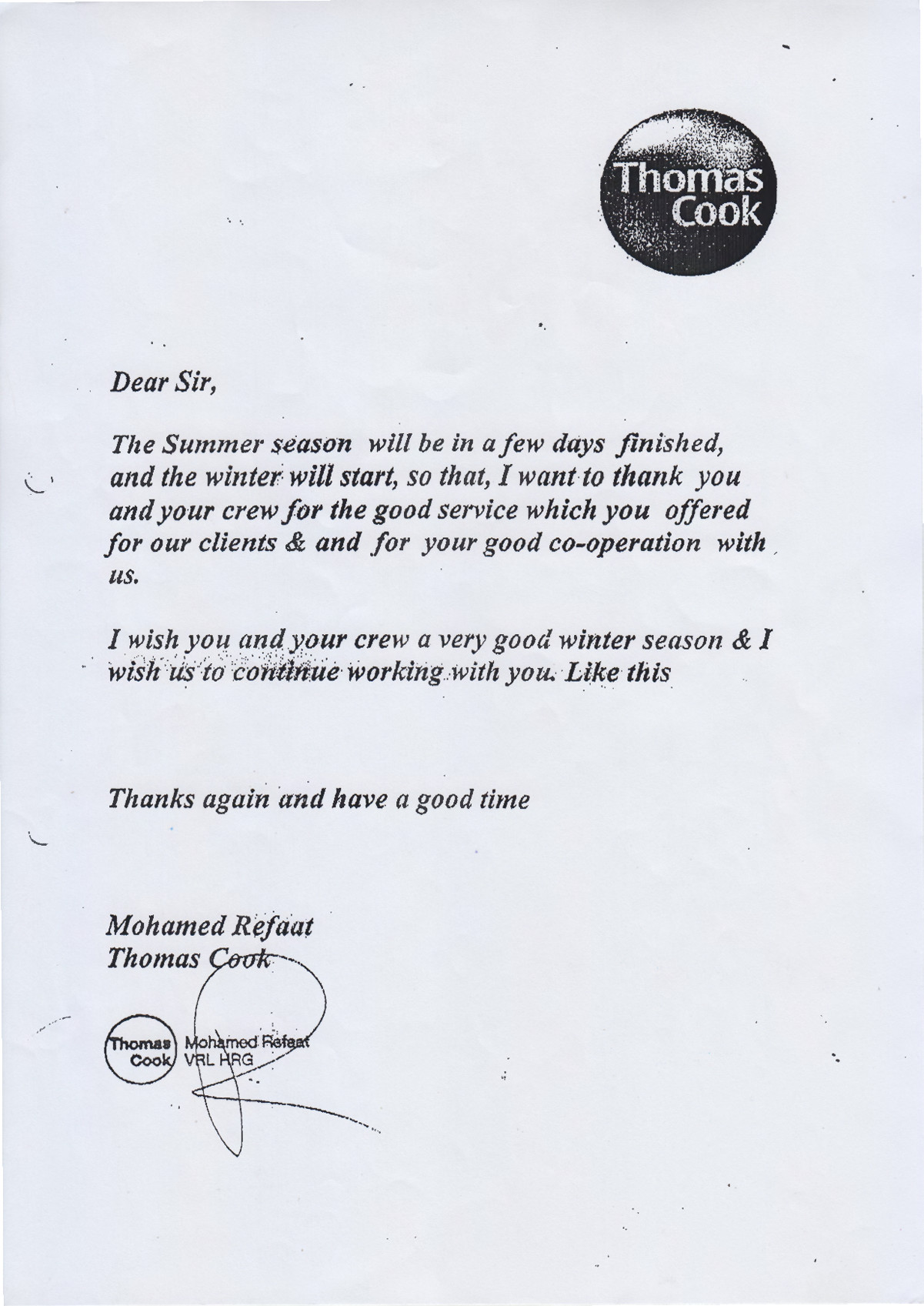 Season Thank-You Letter — Thomas Cook — Hurghada