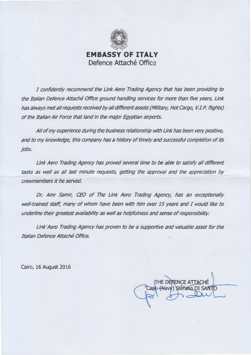 Letter of Recommendation — Embassy of Italy — Defence Attaché Office