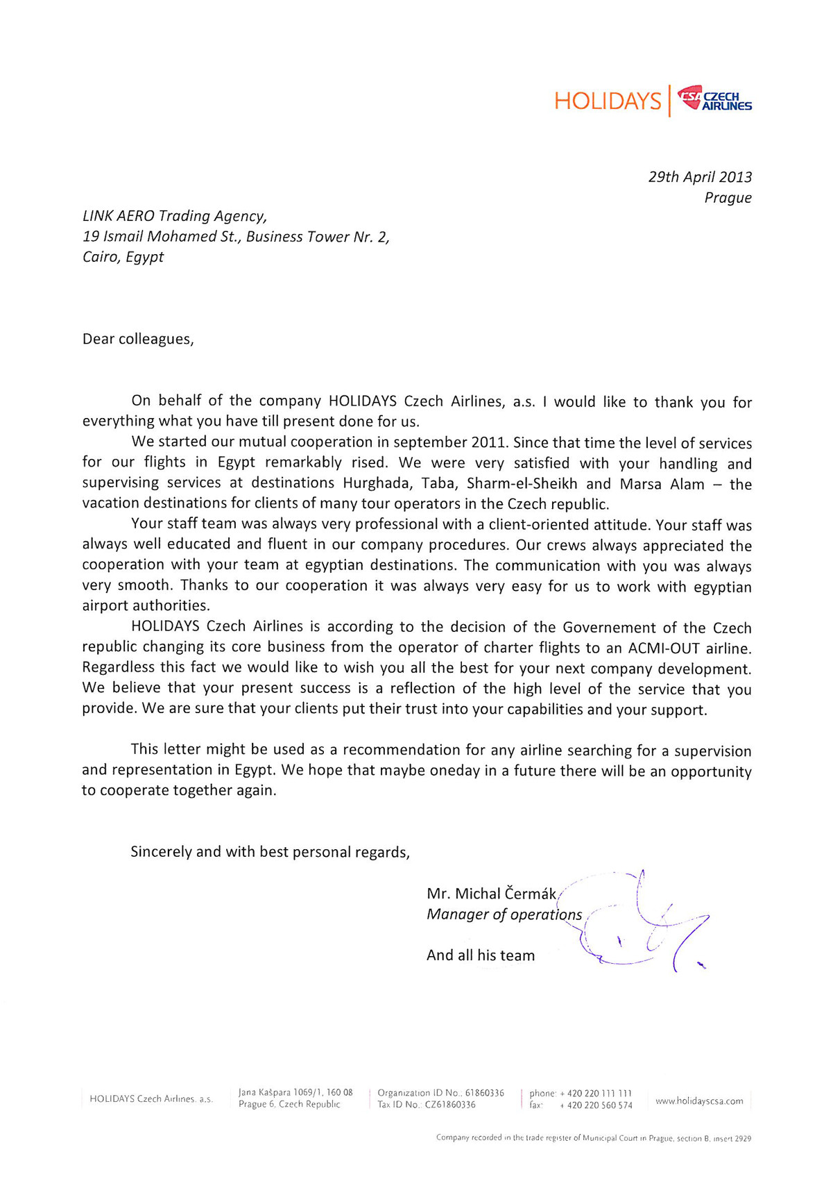 Letter of Thanks — HOLIDAYS Czech Airlines