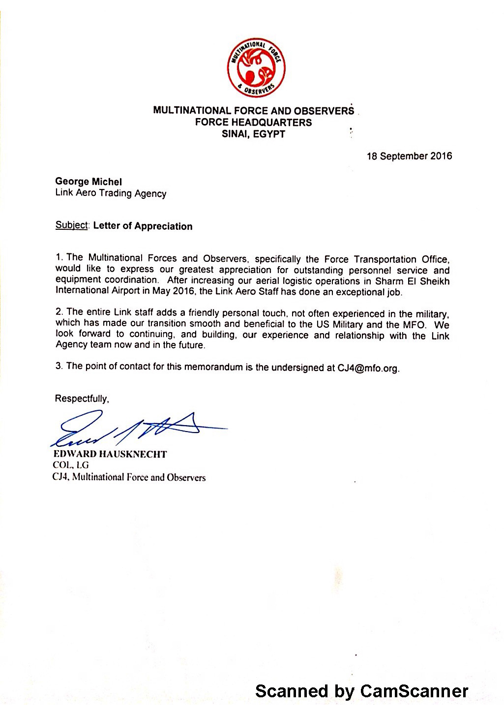 Letter of Appreciation — Multinational Force and Observers — Sinai