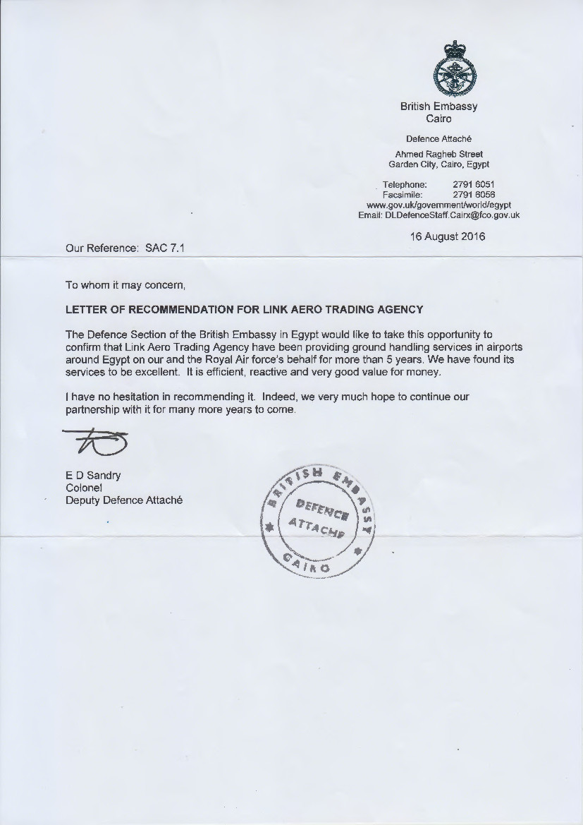 Letter of Recommendation — British Embassy Cairo — Defence Attaché