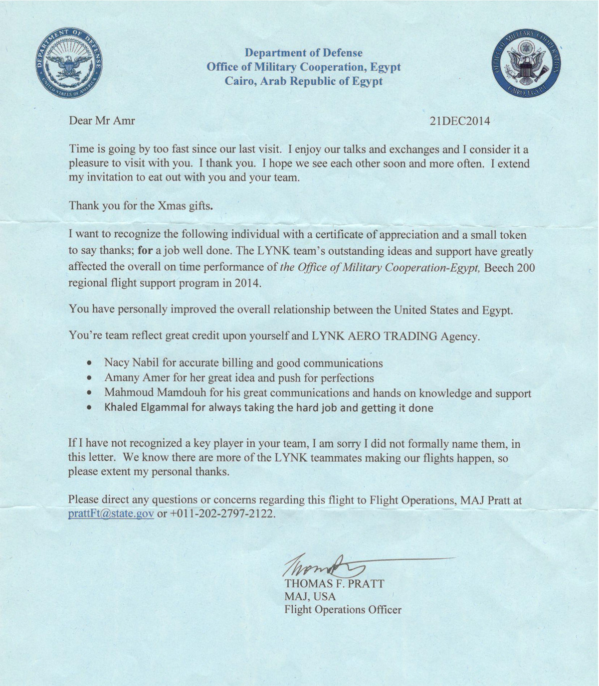 Letter of Appreciation — Beech 200 Regional Flight Support — US Department of Defense — Office of Military Cooperation, Egypt