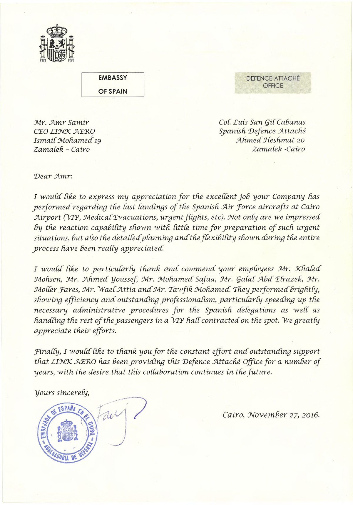 Letter of Appreciation — Embassy of Spain — Defence Attaché Office