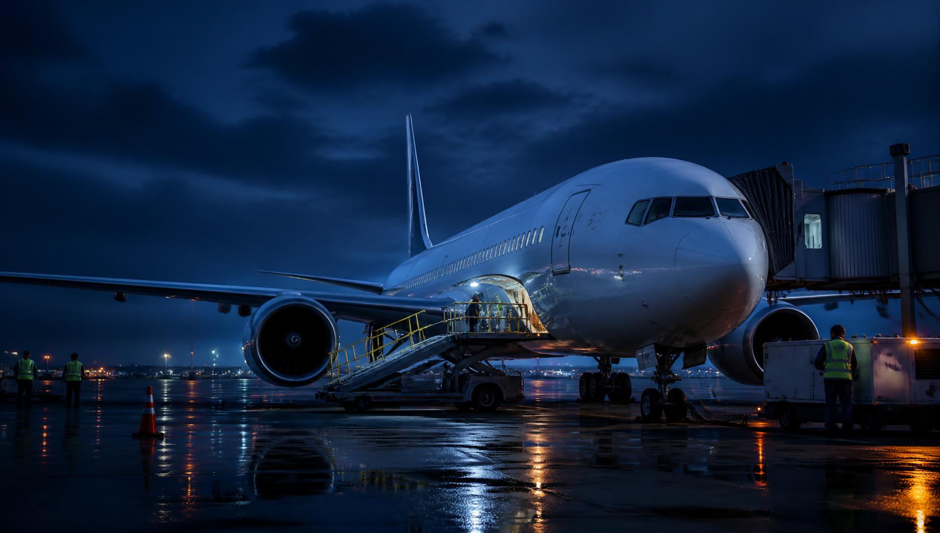 Commercial aircraft handled on the ramp at dusk